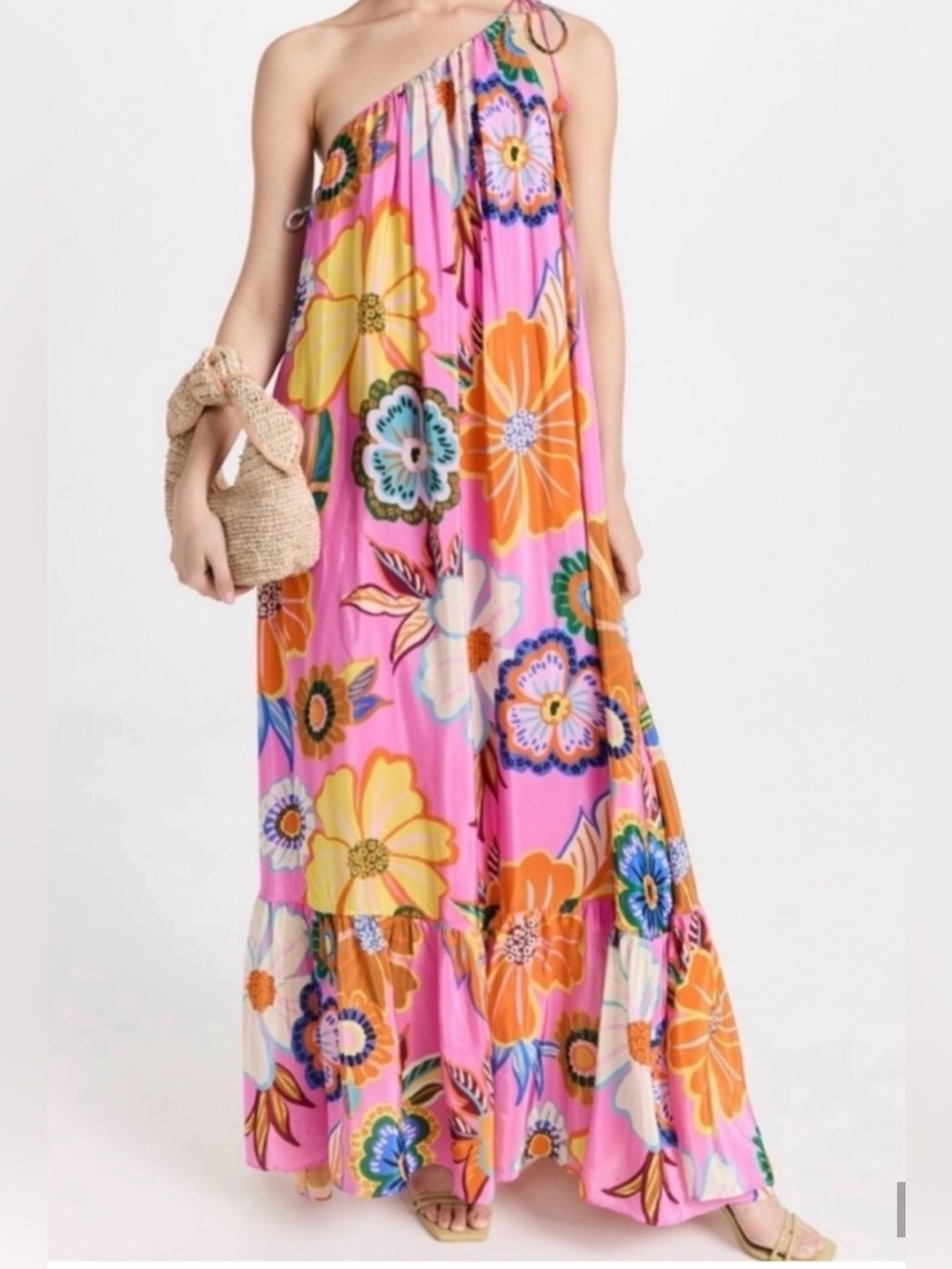 FARM RIO One-Shoulder Floral Maxi Dress in Pink & Orange
